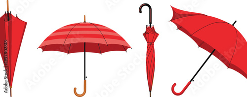 Set of red umbrellas vector illustration featuring classic folded and open rain umbrellas with curved handles isolated for weather protection and rainy season design