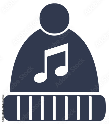 Dark blue winter beanie with white musical notes icon symbol
