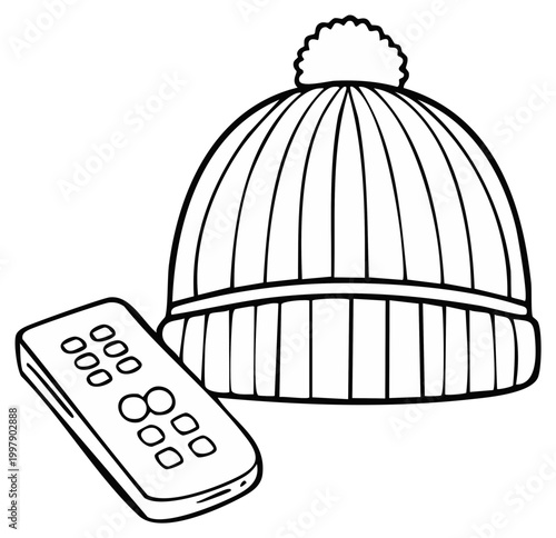 Black and white illustration of a winter hat with a pom-pom and a remote control