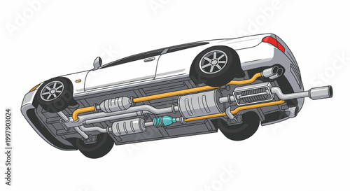 Automotive Exhaust System Diagram, Underside View, Technical Illustration for Auto Repair and Maintenance