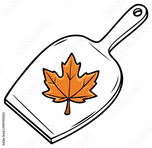 Autumn leaf imprinted on a dustpan illustration for seasonal cleaning and fall themes