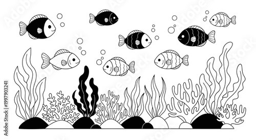 Black and White Fish Illustration with Seaweed and Bubbles, Copy Space