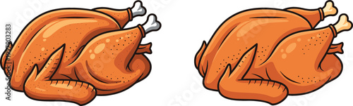 Set of roasted whole chicken vector illustration featuring cooked poultry with crispy skin isolated for food menu restaurant and culinary design