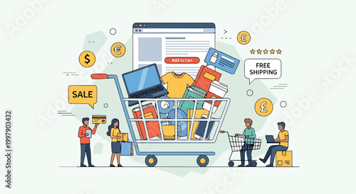 Bild auf Leinwand Online shopping illustration with people and goods