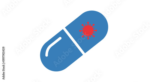 Blue capsule with red virus icon, pharmaceutical concept, isolated on white background