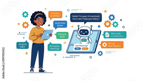 Woman interacts with AI robot on smartphone discussing tasks and automation.