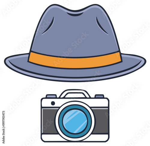 Cartoon Illustration of Camera and Fedora Hat Still Life Photography Equipment Fashion Accessory