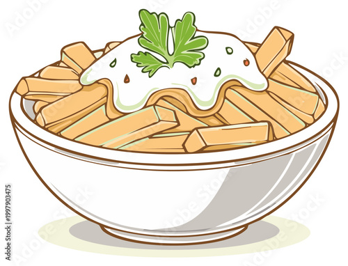 Classic french fries served in a white bowl with delicious creamy sauce and fresh parsley garnish