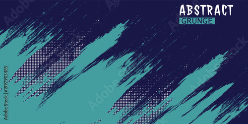 Modern abstract grunge background with diagonal brush texture in teal and navy. Dynamic halftone details ideal for creative digital artwork.