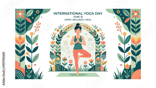 Woman practices yoga on International Yoga Day in a serene garden with flowers and greenery.