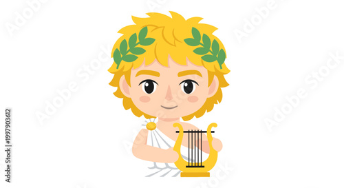 Cartoon Ancient Greek Boy with Lyre and Laurel Wreath, Minimalist Background