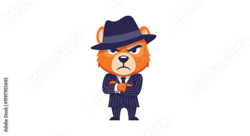 Cartoon Bear in Suit and Fedora, Angry Expression, Minimalist Background