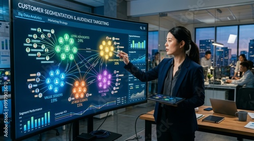 Female Professional Analyzing Customer Segmentation and Audience Targeting Data on a Large Interactive Screen in a Modern Office Setting