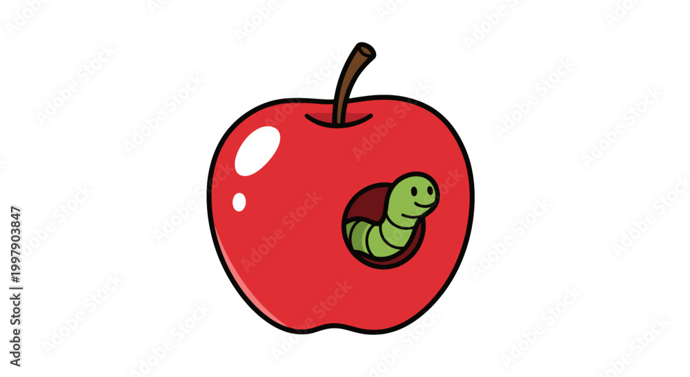 Fototapeta premium Cartoon Worm Emerging from a Red Apple, Illustration with Copy Space