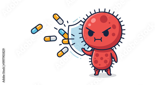 Cartoon virus character defending with shield from falling pills, illustration