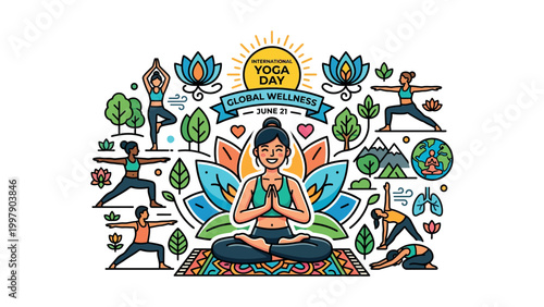 People practice yoga on International Yoga Day for global wellness and health outdoors.