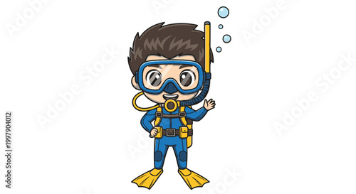 Chibi Diver Character Waving Hello with Snorkel and Flippers