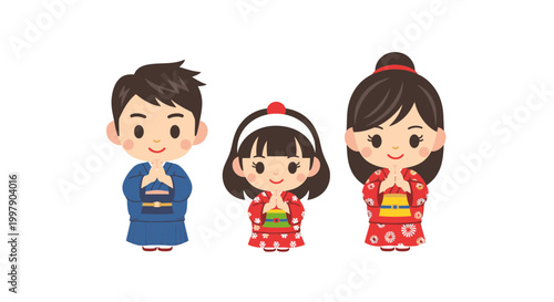 Chibi Family in Kimono Bowing, Japanese Culture Illustration, White Background