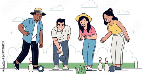 Four friends enjoy a game of bowling together outdoors on a sunny day