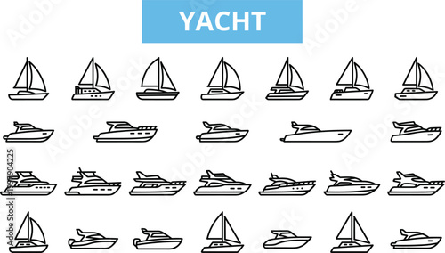 Yacht and boat icon set featuring sailing vessels motorboats luxury yachts and maritime transport outline vector collection