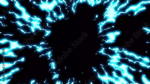 Cartoon electric energy burst from central void, blue lightning speed lines motion on black backdrop, neon thunder streaks trail loop, futuristic background for action and superhero video. 4k video