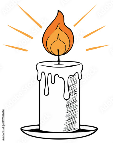 Illustration of a single lit candle with dripping wax and radiating light