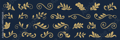 Gold Vintage Calligraphic Flourishes Collection, Elegant Baroque Arabesque Damask Victorian Floral Leaf Filigree Ornaments, Luxury Decorative Elements Vector Illustration