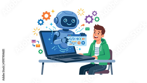 A man sits at a desk with a robot coding on a laptop computer together.
