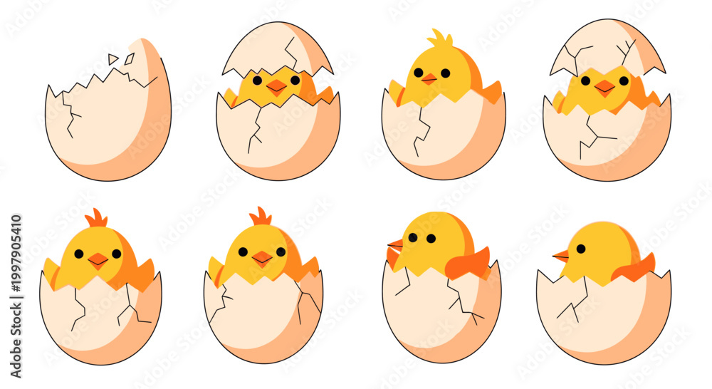 Fototapeta premium Cute Baby Chicks Hatching from Easter Eggs, Spring Celebration