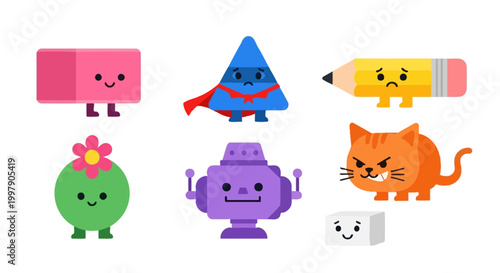 Bild auf Leinwand Cute Cartoon Characters: Shapes, Robot, Cat, Pencil, Cactus, Rectangle
