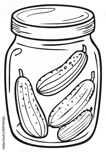 Line Art Jar with Pickles, Outline Drawing of Glass Jar Filled with Pickled Cucumbers, Preserved Food in Jar