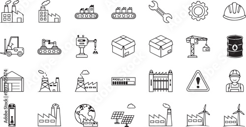 Industrial Line Icons Set – Factory, Manufacturing, Construction and Energy Outline Collection