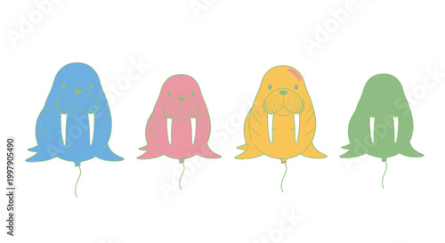 Schilderij op canvas Cute Walrus Shaped Balloons in Pastel Colors - Fun Party Decorations