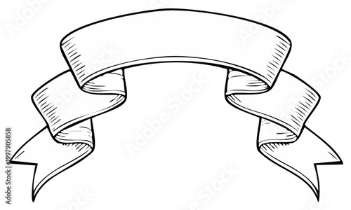 Hand drawn empty decorative ribbon banner for text and design elements in black and white