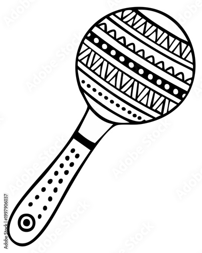 Hand-drawn illustration of a patterned maraca percussion instrument with ethnic and geometric style decorations, ready for coloring activity.