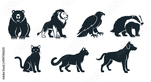 Set of Animal Silhouettes: Lion, Bear, Eagle, Badger, Cat, Dog