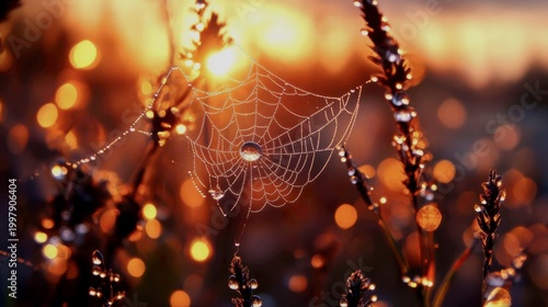 a dewy spiderweb strung between stems of wild grasses and herbs at sunrise