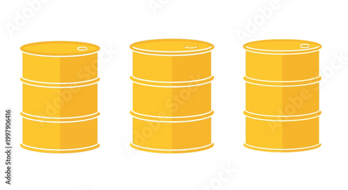 Three yellow industrial barrels in a row, isolated on white background
