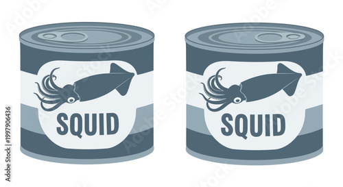 Two Cans of Preserved Squid in Brine, Seafood Product Packaging