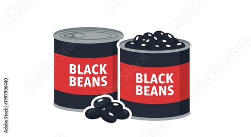 Two Cans of Black Beans, One Open with Beans Spilling Out, Isolated