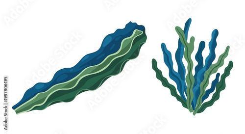 Vibrant Blue and Green Seaweed Underwater Plant Life Illustration