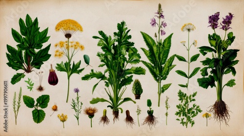 lithograph illustration of common weeds with medicinal uses: dandelion, plantain, chickweed, and nettle