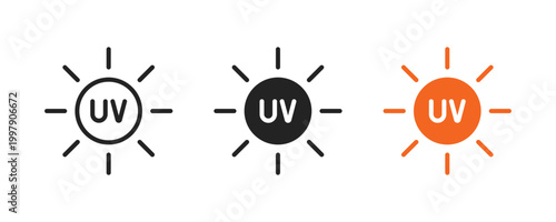 UV protection icon set. UV radiation icon. Ultraviolet symbol. Sun UV protection icons. UV icon.