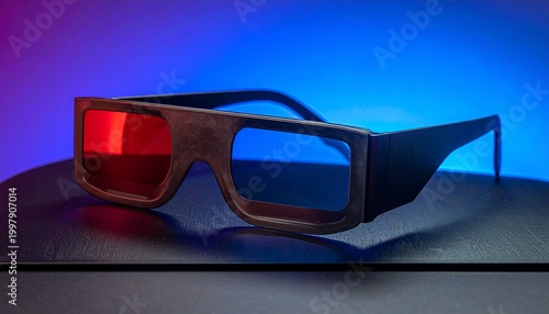 A pair of 3D glasses with red and blue lenses, symbolizing visual entertainment and depth perception.