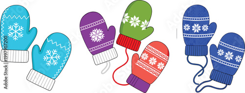Set of winter mittens vector illustration featuring colorful knitted gloves with snowflake patterns warm clothing accessories for cold season and holiday design