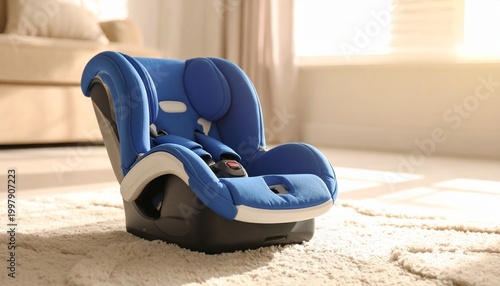 A blue and white child car seat with harness, symbolizing safety, protection, and ergonomic design.