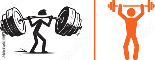 Weightlifter lifting heavy barbell, fitness and strength icon
