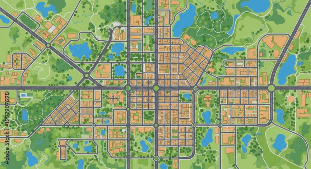 Fototapeta premium Aerial view of a meticulously planned city grid with parks and water features.