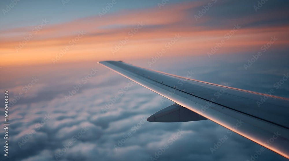 Obraz premium Wing of airplane flying above fluffy white clouds during dawn