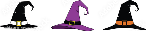 Set of witch hats vector illustration featuring Halloween themed pointed hats in black and purple with buckles for spooky costume and festive design